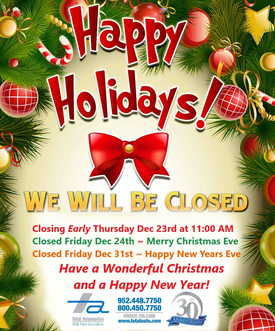 Merry Christmas and Happy New Year ~ Holiday Hours